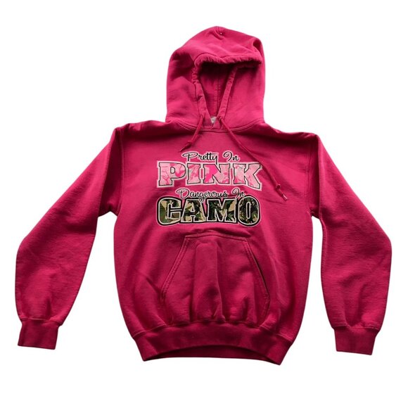 Gildan Womens Hoodie Sweatshirt Small Pullover Graphic Print Pink Drawstring - Picture 1 of 12